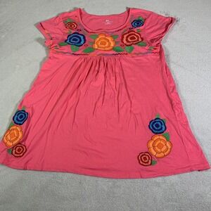 South Main Dress Womens XXL Pink Floral Embroidered Scoop Neck Swing Boho Plus